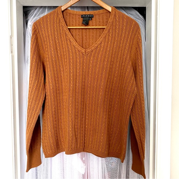 Spanner Long Sleeve Cable Knit V-Neck Pullover Sweater - Light Brown - Picture 8 of 9